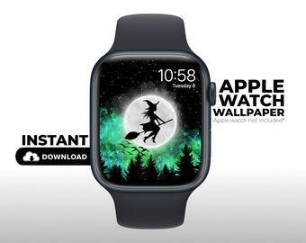 Tapeta na Apple Watch „Witch Over Moon”: Upiorna tarcza smartwatcha (pobranie cyfrowe)