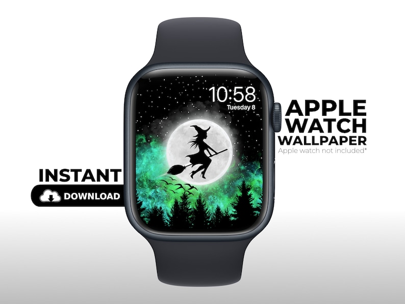 May include: A dark grey Apple Watch showing a Halloween-themed wallpaper. The wallpaper depicts a witch on a broom in front of a full moon, with green and black accents. The watch displays "10:58 Tuesday 8". The words "APPLE WATCH WALLPAPER" are also visible.