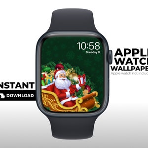 Santa Sleigh Green Snow Flakes, Apple Watch Wallpaper, Apple watch Face, Apple Watch, Green, Red, Winter, Background, Digital Downloads,