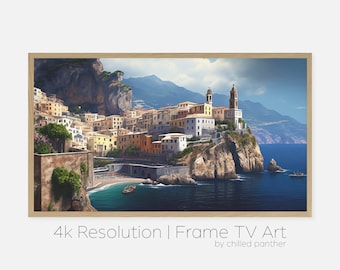 Samsung Frame TV Art / Costiera Amalfitana Italia / Dipinto di paesaggio costiero / Texture su tela / Download DIGITALE