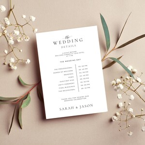 May include: A white wedding details card with black text. The card lists the wedding day schedule, including the processional, words of welcome, readings, vows, first kiss, unity ceremony, final blessings, and the recessional. The card is decorated with a simple floral design and the text "Sarah & Jason".