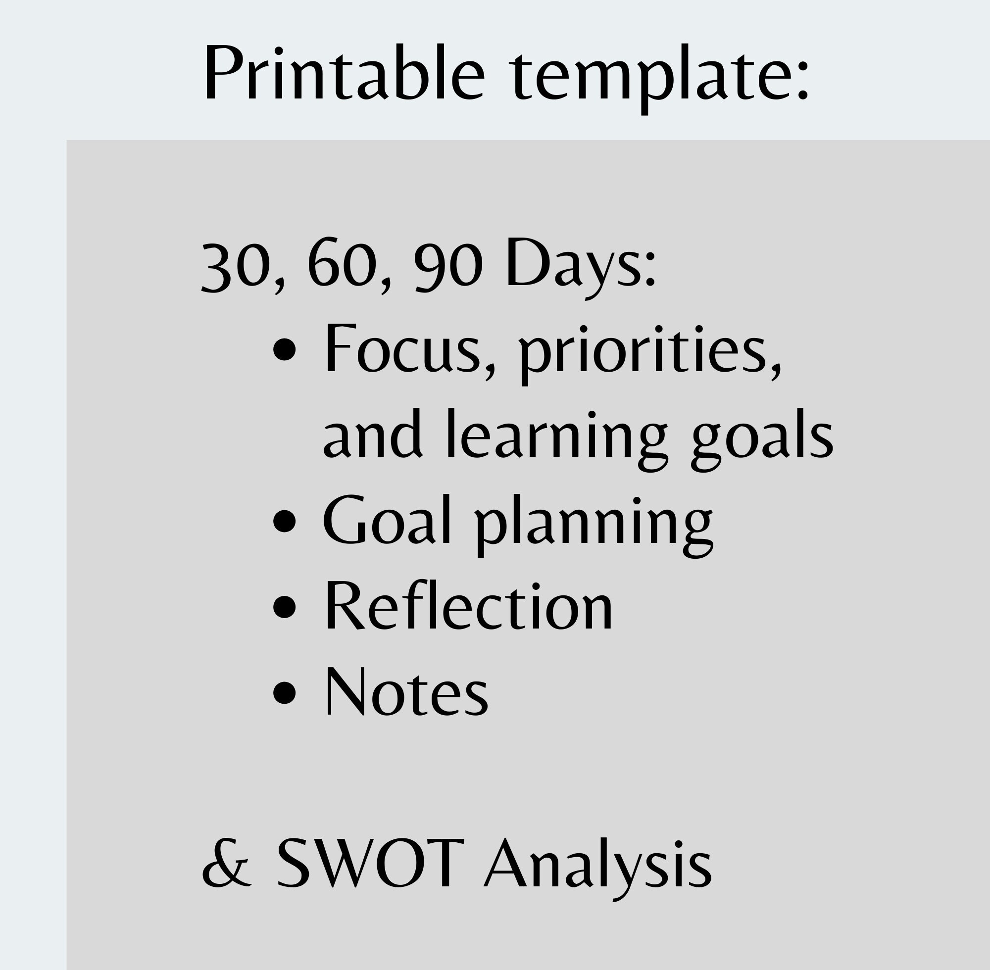 30 60 90 Day Plan PDF Template Printable Notes Reflection SWOT 