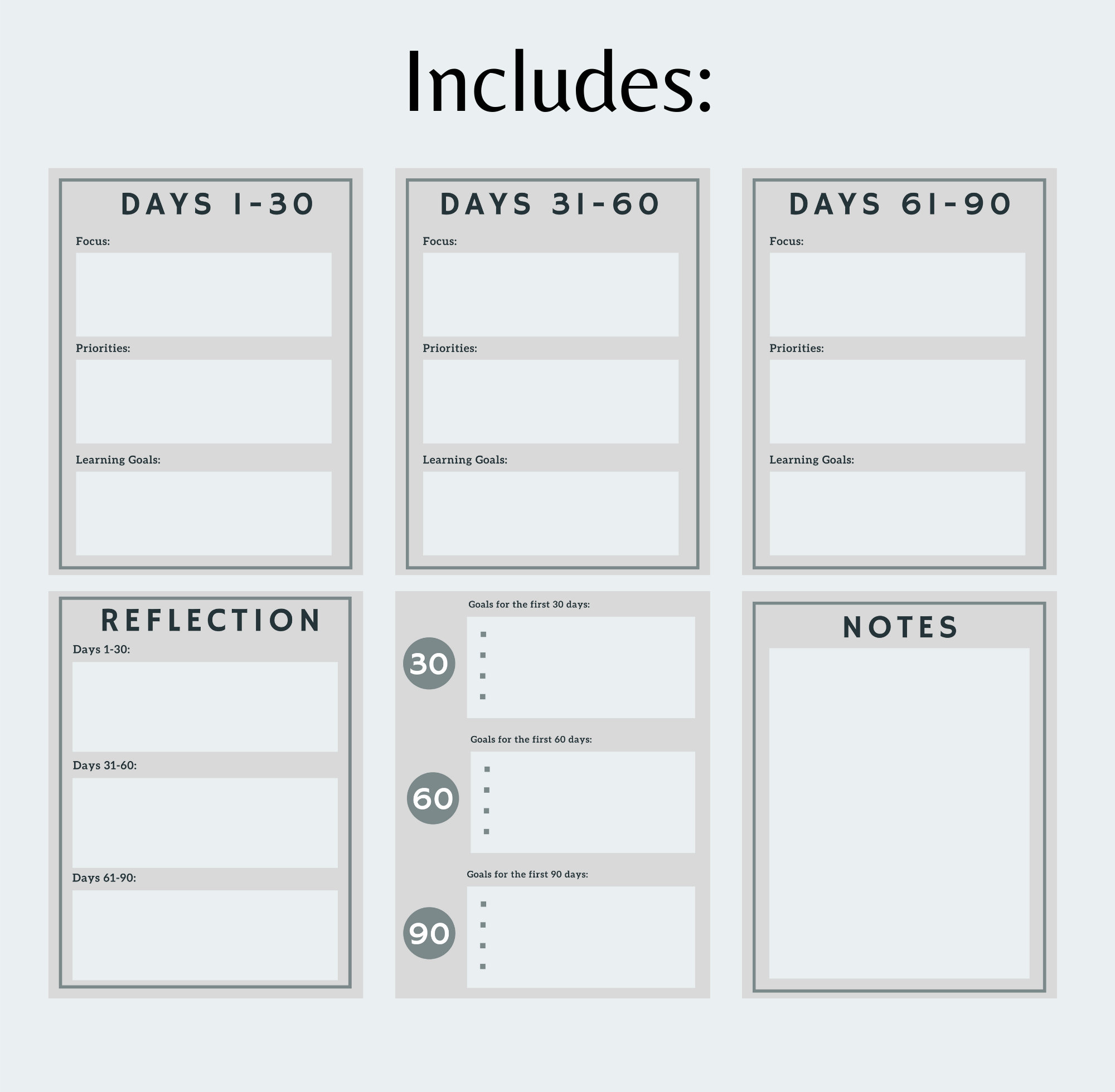 30 60 90 Day Plan PDF Template Printable- Notes, Reflection, SWOT ...