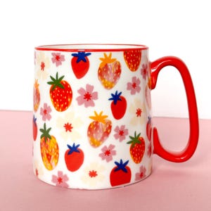 Strawberry Print Mug: 16oz Ceramic Coffee Cup With Red Handle - Etsy