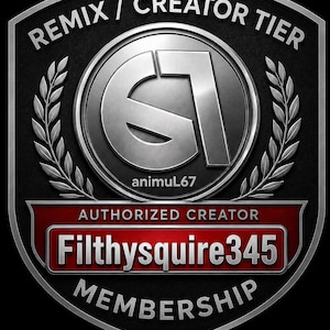 May include: A black and silver Remix/Creator Tier membership badge. The badge features a stylized silver "G" within a circle, the text "animuL67", and the name "Filthysquire345" in a red banner.