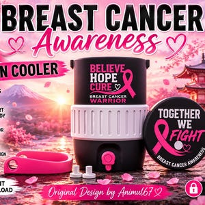 May include: A black and white can cooler featuring pink breast cancer awareness ribbons and text that reads Believe Hope Cure Breast Cancer Warrior and Together We Fight Breast Cancer Awareness. The set includes a pink strap and two small white parts.