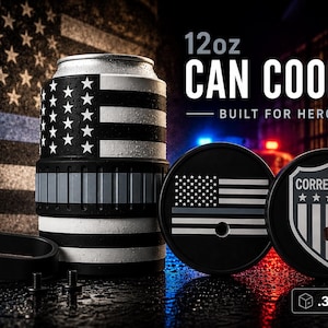 May include: A 12oz can cooler featuring a black and white American flag design with a thin grey line. The set includes two circular lids, one with a flag graphic and one with a shield emblem labeled CORRECTIONS, plus a black handle and two screws.