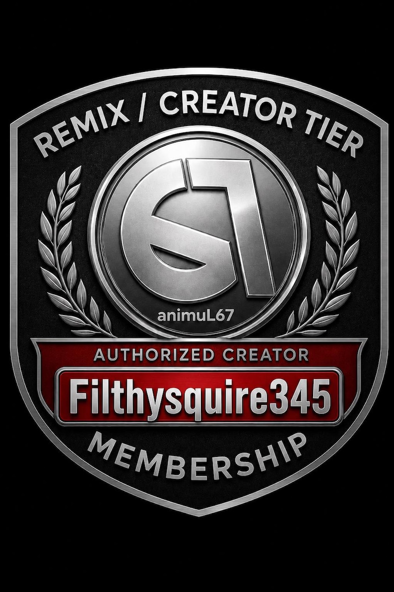 May include: A black and silver Remix/Creator Tier membership badge. The badge features a stylized silver "G" within a circle, the text "animuL67", and the name "Filthysquire345" in a red banner.