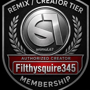 May include: A black and silver Remix/Creator Tier membership badge. The badge features the text "REMIX / CREATOR TIER" and "MEMBERSHIP". The badge also includes the text "AUTHORIZED CREATOR" and the name "Filthysquire345".