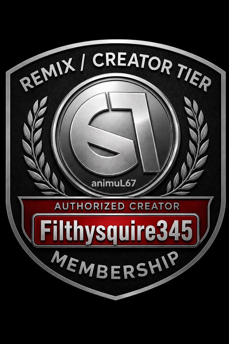 May include: A black and silver Remix/Creator Tier membership badge. The badge features the text "REMIX / CREATOR TIER" and "MEMBERSHIP". The badge also includes the text "AUTHORIZED CREATOR" and the name "Filthysquire345".