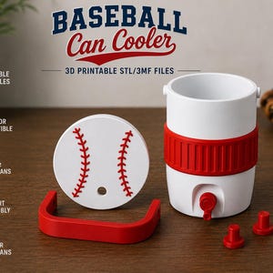 May include: A white and red baseball can cooler with a baseball design. The cooler includes a lid, handle, and two red plugs. The text "BASEBALL Can Cooler" is at the top of the image. Fits 355ml standard cans.