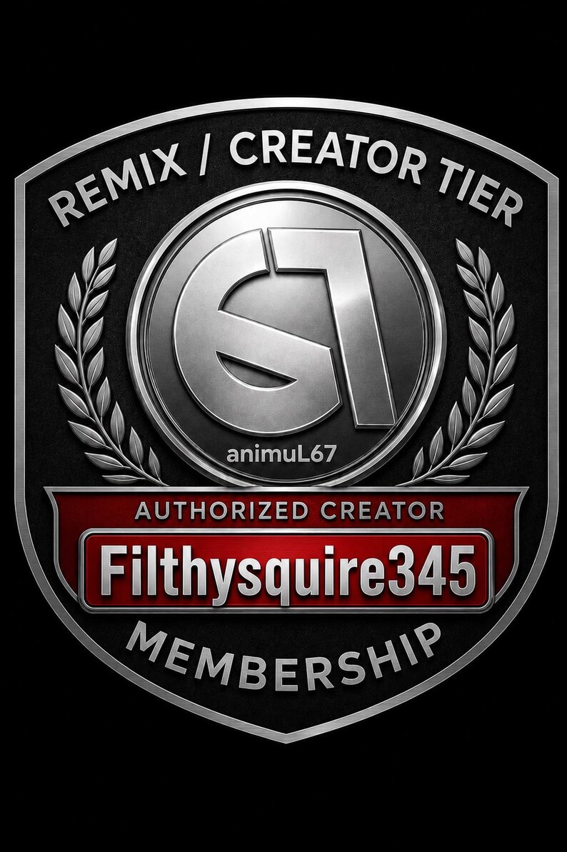 May include: A silver and black Remix/Creator Tier membership badge. The badge features a stylized silver "G" logo within a circle, the text "animuL67", and a red banner with "Filthysquire345" and "AUTHORIZED CREATOR" text.