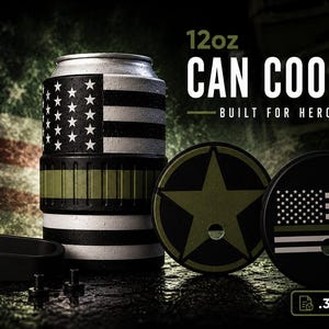 May include: A 12oz can cooler featuring a black and white American flag design with a thin green horizontal stripe. The set includes two circular lids, one with a green star and one with a flag graphic, plus a black handle and two small screws.