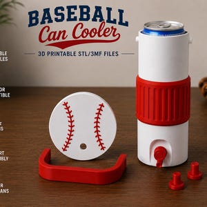 May include: A white and red baseball can cooler with a baseball design. The cooler has a red base and a white top, holding a can. A baseball and glove are in the background. The text "BASEBALL Can Cooler" is at the top.