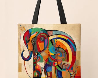 Abstract Elephant AOP Tote Bag | Colorful Geometric Animal| Artistic Elephant Gift