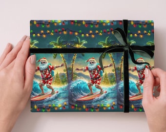 May include: Wrapping paper featuring Santa Claus surfing on a wave, with palm trees and Christmas lights. The design has a tropical Christmas theme, with Santa wearing a red Hawaiian shirt and shorts. The paper is tied with a black ribbon.