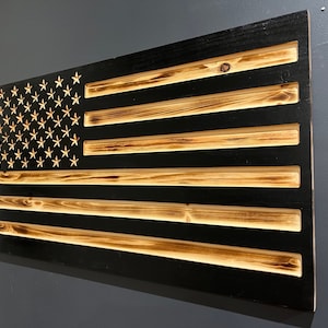 CNC Carved American Flag | Black and Burned Wood Flag
