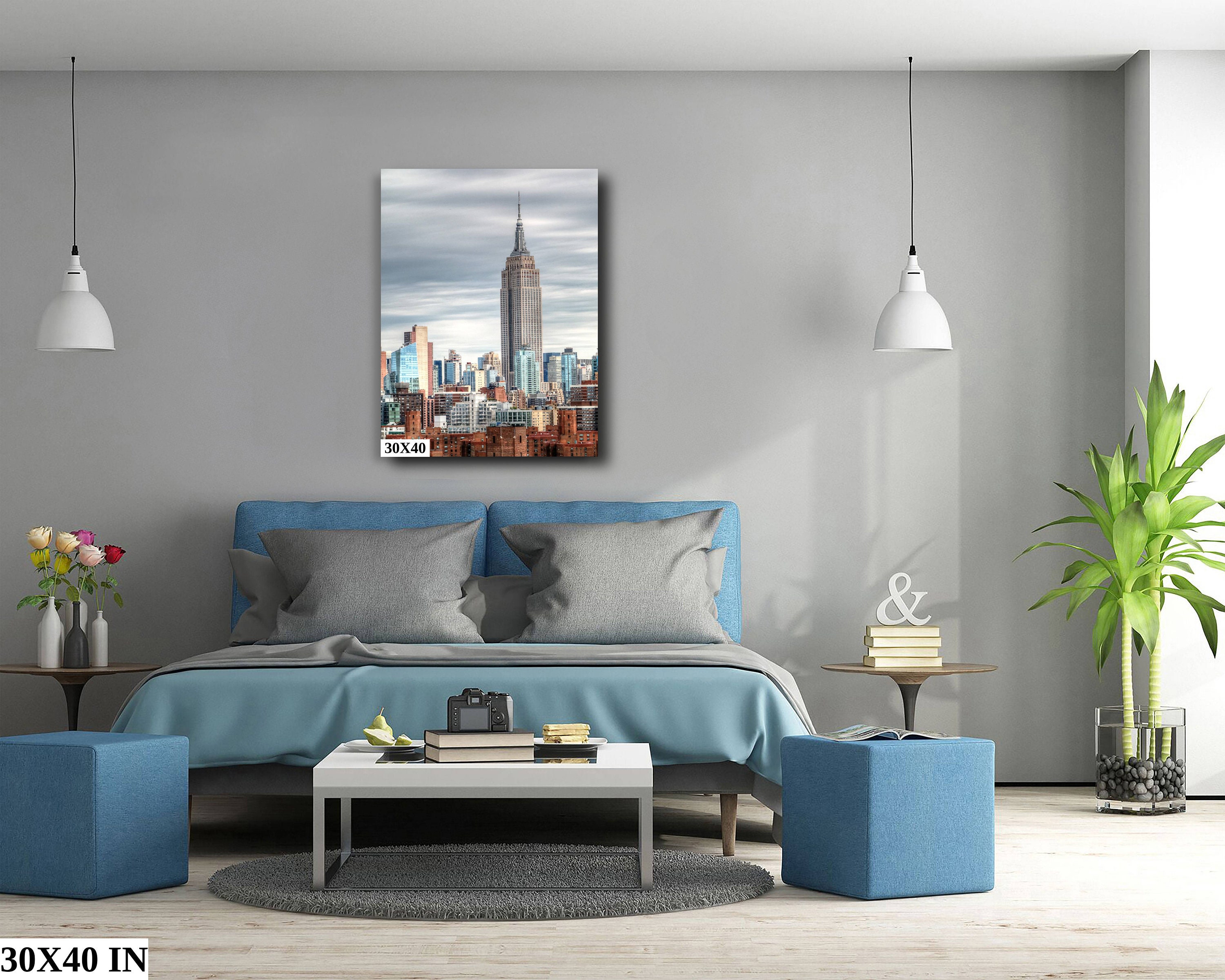 Midtown Manhattan skyline vertical enhanced color cloudy metal print canvas