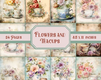 Flowers and Teacups Junk Journal Pages Empherma Junk Journal Vintage Junk Journal Kit Junk Journal Printable Paper Digital Collage Download