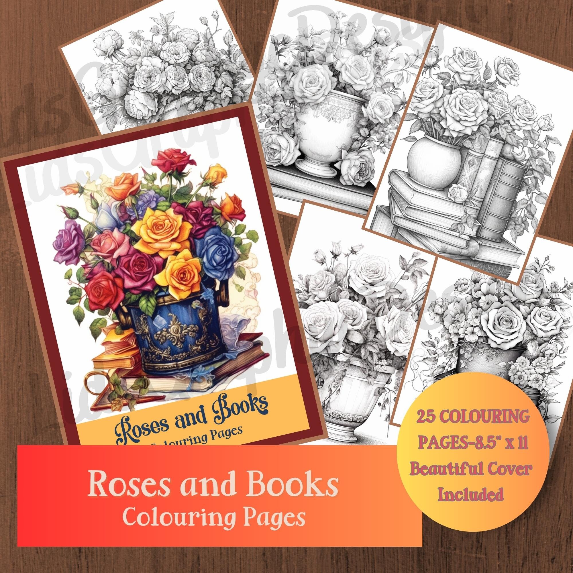 Roses and Books Colouring Pages for Adults and Teens, Printable ...