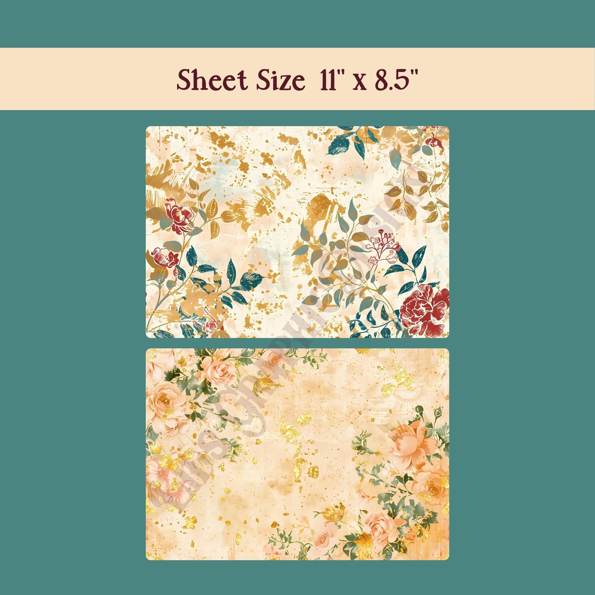 Gold Leaf Flowers Printable Pattern for Junk Journal, Ephemera Soft ...