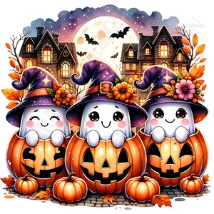 Ghosts Halloween Clip Art PNGs, 300 DPI Transparent Spooky Spirit Illustrations, Cute Haunted House Decor, Digital Download for Party Crafts