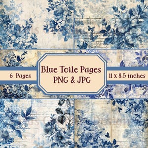 Blue Toile Junk Journal - Páginas de scrapbooking vintage para impressão e papéis de artesanato para projetos DIY, suprimentos de diário azul feitos à mão