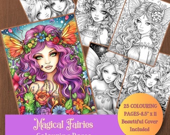 Magical Fairies Colouring Pages for Adults and Teens Beautiful Grayscale Colouring Book Printable PDF Fantasy Colouring Pages for Relaxation