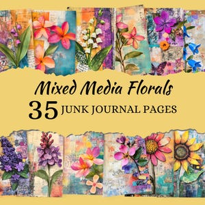 Floral Junk Journal Pages: Vintage Ephemera, Scrapbook Paper (PDF Download, 35 PNG/JPG Files)