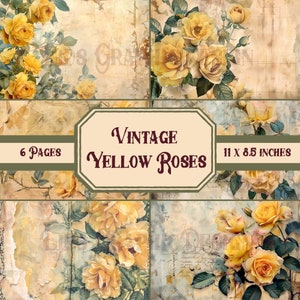 Vintage Yellow Roses Junk Journal Pages - Ephemera Papers Digital Download & Printable Scrapbooking Page Set for Themed Journals