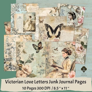 Páginas de diário de lixo de cartas de amor vitorianas, colagem digital Chinoiserie Toile De Joey para artesanato e scrapbooking