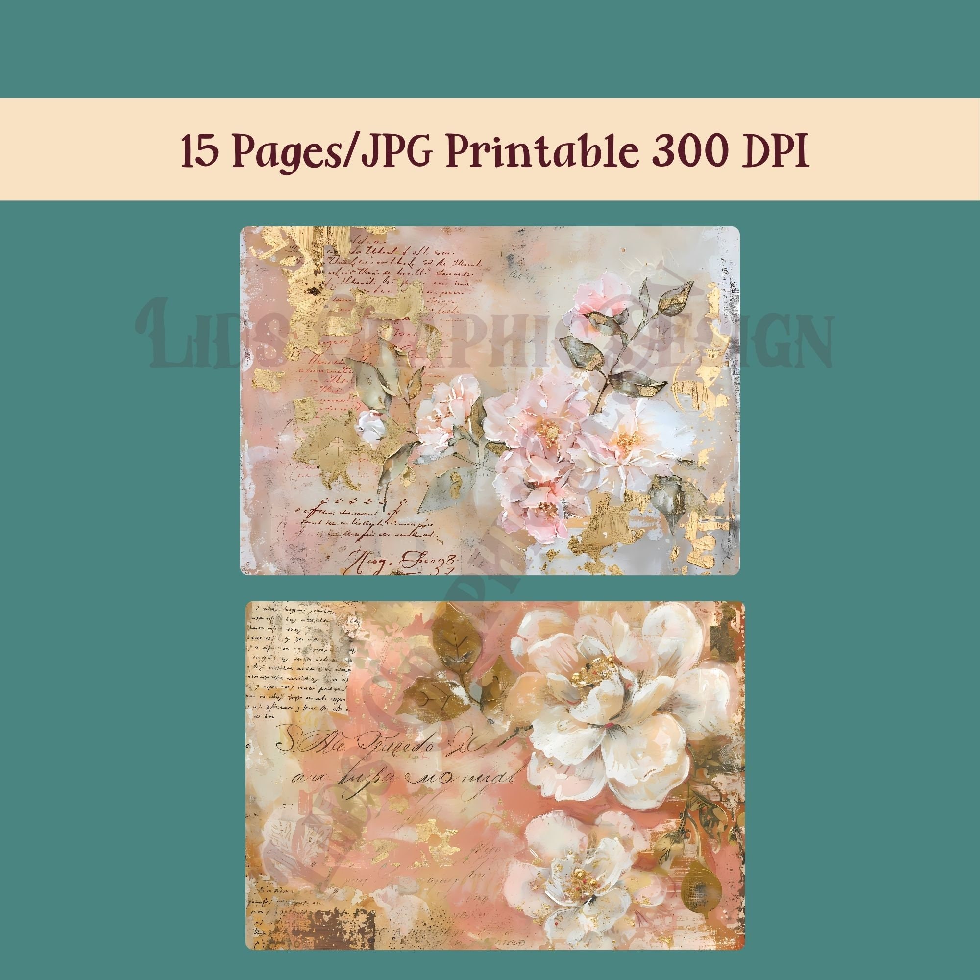 Gold Leaf Flowers Printable Pattern for Junk Journal, Ephemera Soft ...