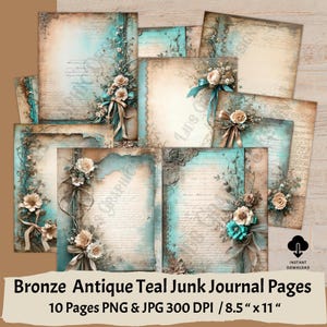 Groenblauwe ongewenste dagboekpagina's vintage bloemen swag, brons en antiek romantische lay-out met geschulpte randpapier, kortstondige, scrapbooking, journaling