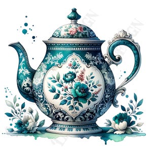 Afternoon Tea Clipart, Teal Toile Victorian Tea Party Clipart, Grandmillennial PNGs, vintage Tea Party, Elegant Floral Tea Party