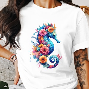 Floral Seahorse Png, Digital Download Png, Seahorse Clipart, Ocean Animal, Flower Png, Sublimation Png, Digital Art