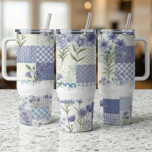 Blue Floral Patchwork 40oz Tumbler Wrap: Cottagecore Design (Digital Download)
