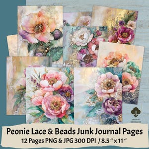 Perles et dentelle pivoine, pages de journal indésirables, papier de scrapbooking vintage imprimable pour créations manuelles et journalisation, téléchargement immédiat