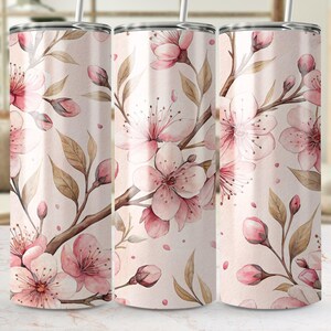 チェリーブロッサム 20 オンス スキニータンブラー昇華デザイン、ピンクの花柄タンブラーラップ、デジタルダウンロード、商用利用タンブラーデザイン