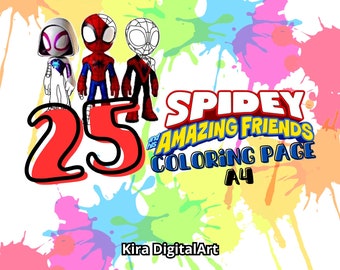 25 full Peter Parker Spidey, Miles Morales Espín, y Gwen Stacy Ghost Spider A4 coloring pages, for children and adults. High quality