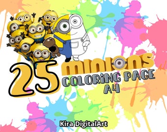 25 full Minions Gru Kevin Stuart A4 coloring pages, for children and adults. High quality printable.