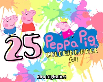 25 full Peppa and George Pig A4 coloring pages, for children and adults. High quality printable. Background with a complete design.