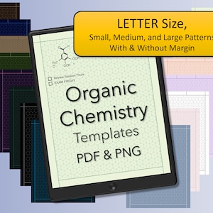 Puede incluir: Una tableta digital que muestra una plantilla de química orgánica verde y blanca con el texto "Organic Chemistry Templates PDF & PNG". La tableta está rodeada de 10 hojas de papel de colores diferentes con patrones hexagonales.