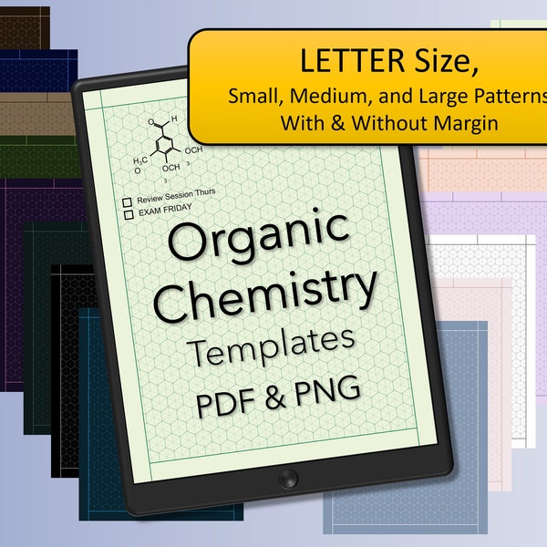 96 Organic Chemistry Hexagon Digital Templates (Letter-.5in, Margin and borderless) in Vector PDF and Hi-Res PNG