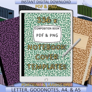 Puede incluir: Una descarga digital de 336 plantillas de cubiertas de cuadernos en formato PDF y PNG. Las plantillas presentan un estilo de cuaderno de composición con patrones moteados verdes y blancos. El texto "Composition Book" y "Notebook Cover Templates" se muestra en amarillo en la portada. Las plantillas están disponibles en orientaciones vertical y horizontal y en los tamaños Letter, Goodnotes, A4 y A5.