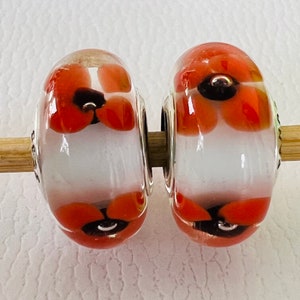 2 Murano orange flowers European glass charms beads fits moments bracelets
