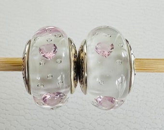 2 pc Murano glass, charms, beads, european core, fits moments bracelets,925 sterling silver, pink with C/Z hearts, giftsforher,giftideas.