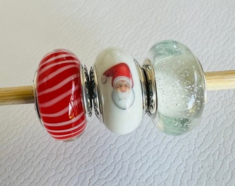 3 piezas de dijes de cristal de Murano de Papá Noel inspirados en la Navidad con núcleo de plata esterlina 925, compatibles con todas las pulseras Moments europeas.