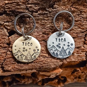 Puede incluir: Dos placas circulares de metal para mascotas con anillas. Una placa es de color latón y la otra plateada. Ambas presentan un paisaje estampado de montañas y pinos, copos de nieve, un sol y el nombre TICO grabado en color negro.