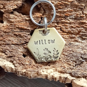 Può includere: Un'etichetta per animali domestici in ottone con il nome "WILLOW" inciso a forma esagonale. L'etichetta presenta disegni floreali e un motivo a raggiera sopra il nome. Un anello d'argento è attaccato per il fissaggio al collare.