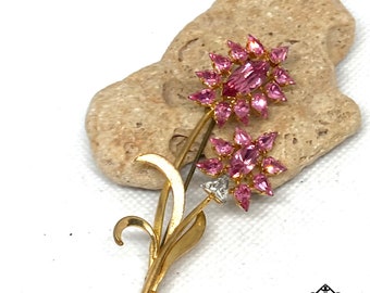 Vintage rose Crystal Floral brass brooch